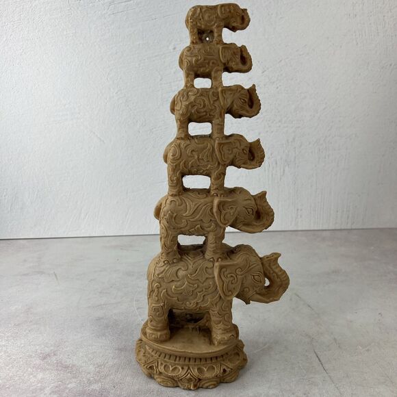 VTG MCM Resin Six Elephant Pyramid Stack Tower Figurine 14.5 Missing Top Elephan - Picture 1 of 14